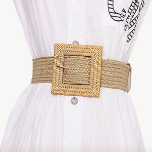 Stylish Woven Beige Belt with Square Buckle